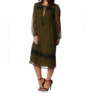 TOPSHOP Olive Green Embroidered Tassel Long Sleeve Midi Kaffan Dress US 10